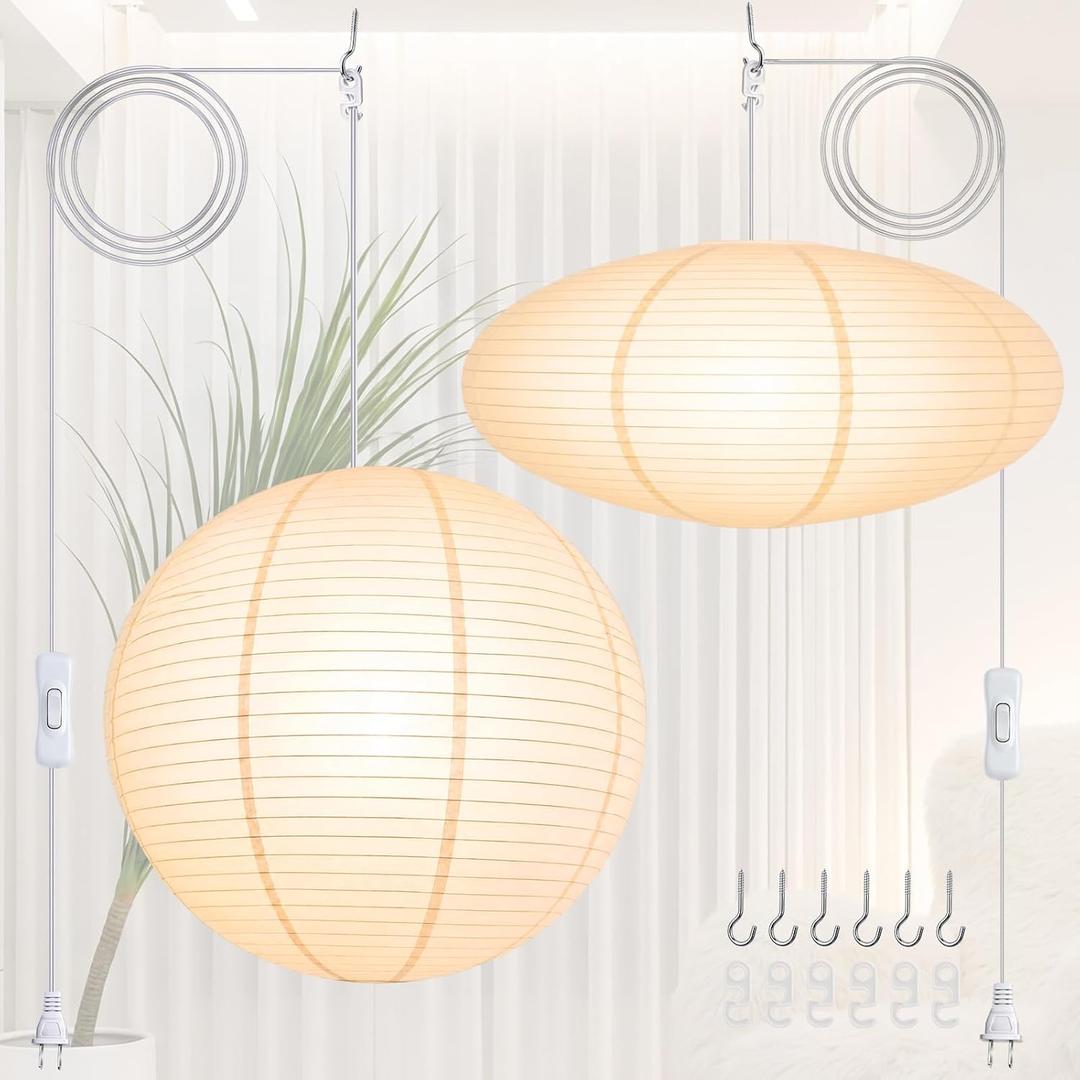 Nuanchu 2 Pack 24" Large Hanging Paper Lampshade Set Round and Oval White Lanterns Pendant Ceiling Light Shade with 20ft Cord and Hooks Chinese Foldable Light Covers for Dining Room Home Decor