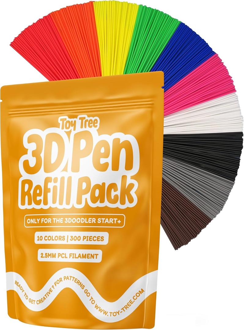 Toy Tree 300 Piece 3D Pen Refill Pack | Compatible with The 3Doodler Start+ Only | 10 Vibrant Colors of Safe Low Temperature PCL Filament 2.5mm Thick | Not Compatible with Other 3D Pens