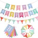 Happy Birthday Banner, Birthday Decorations with Pennant Flags, Colorful Imitated Burlap Birthday Signs with Cotton Crepe Triangle Bunting for Women Girls Boys Kids, Birthdate Party Celebration Backdrops