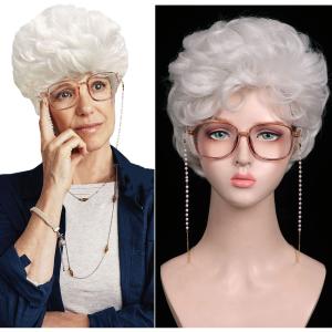 ColorGround Short Curly Silvery White Old Lady Wig with Glass and Eyeglasses Chain for Party