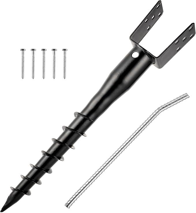 XYADX No Dig Ground Screw Anchor - Black U Shaped Post Stake for 4x4 Wood Posts, Includes Lag Bolts & 27" Rebar, for Mailbox Posts and Fence Posts Anchor, 1 Pack