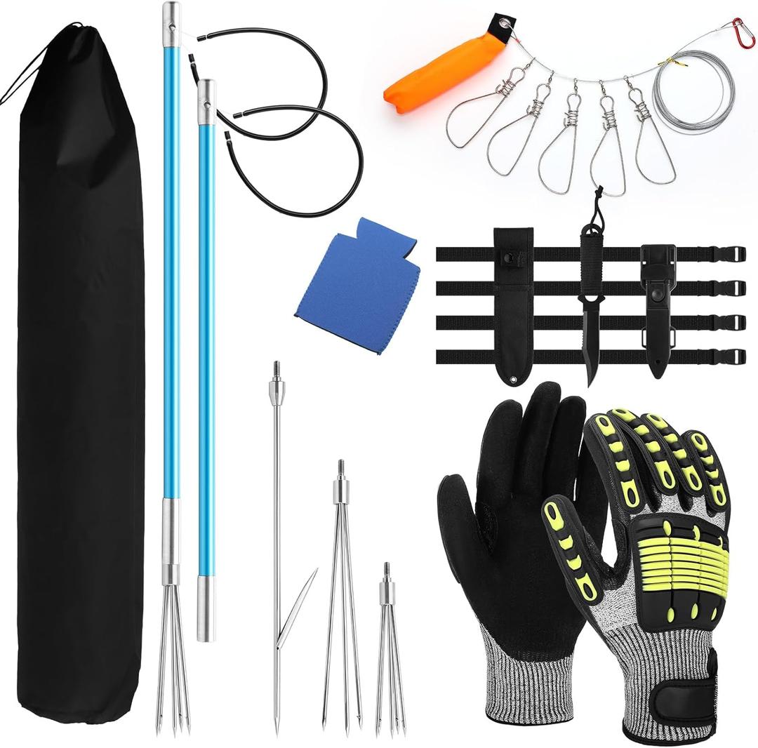 Lasnten 14 Pcs Hawaiian Sling Fishing Spear Set Fiberglass Pole Spear with 3 Prong Tips Diving Lobster Knife with Holster 2 Sheath 2 Pairs Leg Straps Fish Buckle for Diving Spearfishing (Sky Blue)
