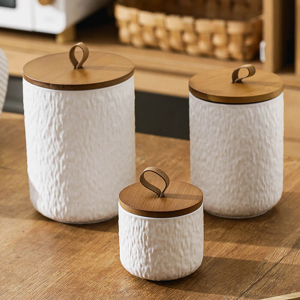 3 Pcs White Ceramic Canister Set with Wooden Lid, Airtight Food Storage Jars for Kitchen - Flour, Sugar, Coffee, Tea, Spice - Small, Medium, Large Sizes