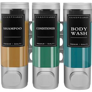 3-Chamber Wall Mount Shower Dispenser - No-Drill Adhesive or Drill Mount - Refillable Shampoo, Conditioner & Body Wash Dispenser for Home, RV & Hotel - Eco-Friendly & Compact (Silver)