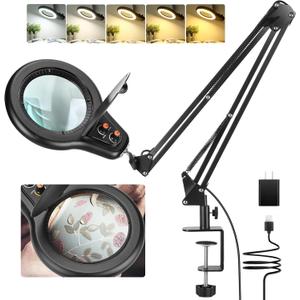 10X Large Magnifying Glass with Light and Clamp, Mechanical Knob Stepless Dimmable, 2*16 Inch Swivel Arm LED Magnifying Desk Lamp with Dust Cover, Stand Lighted Magnifier Hands Free for Crafts