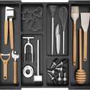 Lifewit Large Utensil Organizer for Kitchen Drawer, Expandable From 21 to 36 Inches, Adjustable Cooking Silverware Tray, Plastic Cutlery Flatware Holder, Spatula Tools Gadgets Storage Divider, Black
