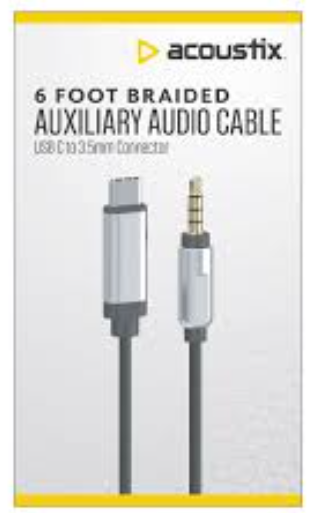 Acoustix 6-foot braided auxiliary audio cable with a USB-C to 3.5mm connector.