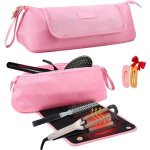 Large Hair Tools Travel Bag with Heat Resistant Mat for Straighteners, Curling Iron, Haircare Accessories, Hair Styling Tools Bag with Silicone Mat (Pink)