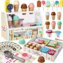 Wooden Ice Cream Toys for Kids Pretend Play Kitchen Food Toys with Scoop & Menu & Fake Money, Ice Cream Counter Shop Playset for 3 4 5 6 Year Old Girls Boys Birthday Gifts