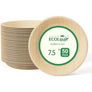 ECOLipak 7.5 Inch Disposable Compostable Plate Like Bamboo Plate, 50 Pack | Disposable Biodegradable, Round Plates Suitable for Party, Dinner