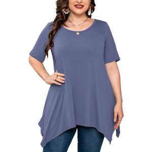 AusLook Plus Size Women's Tunic 3/4 Sleeve Clothes Swing Babydoll Top Side Split Crewneck Blouse Flowy Shirts M-5X , D04-Grey Blue Short Sleeve, Size XL