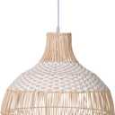 Arturesthome 13.7" White Rattan Pendant Light, Farmhouse Coastal Wicker Hanging Ceiling Light Chandelier, Handmade Woven Lampshade for Kitchen Island (35cmx35cm)