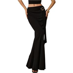 SHENHE Women's Low Waist Gold Buckle Side Strap Bodycon Flared Slim Long Maxi Fishtail Skirt (L)