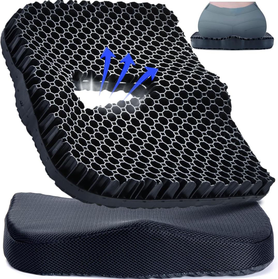 Gel Seat Cushion for Long Sitting & Hip Pain Relief (Large Size) - Cooling 3D Cushions for Office Chair, Car, Wheelchair, Breathable & Non-Slip Cover with Pressure Relief Technology (17.8*14*2 in, Black)