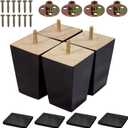 4 Pcs 4 inch Wood Furniture Legs  Square Sofa Legs, Couch Leg Black MidCentury Modern Replacement Legs for Armchair Recliner Coffee Table Dresser (4")