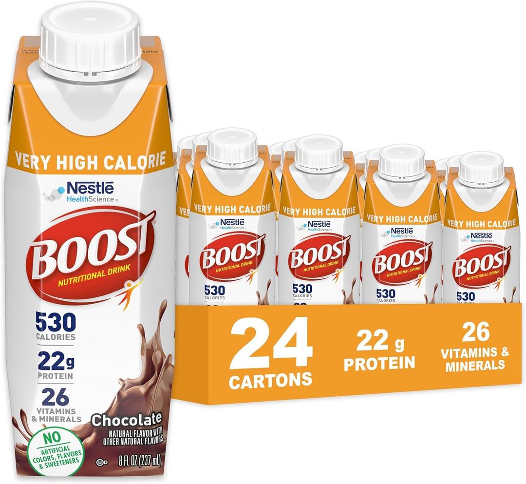 BOOST Very High Calorie Nutritional Drink Helps Weight Gain & Maintenance - 530 Calories - 26 Vitamins & Minerals - 22 g Protein - Calorie-Dense Nutritional Drink - Chocolate - 8 fl oz (Pack of 24) Best By Oct. 09, 2026