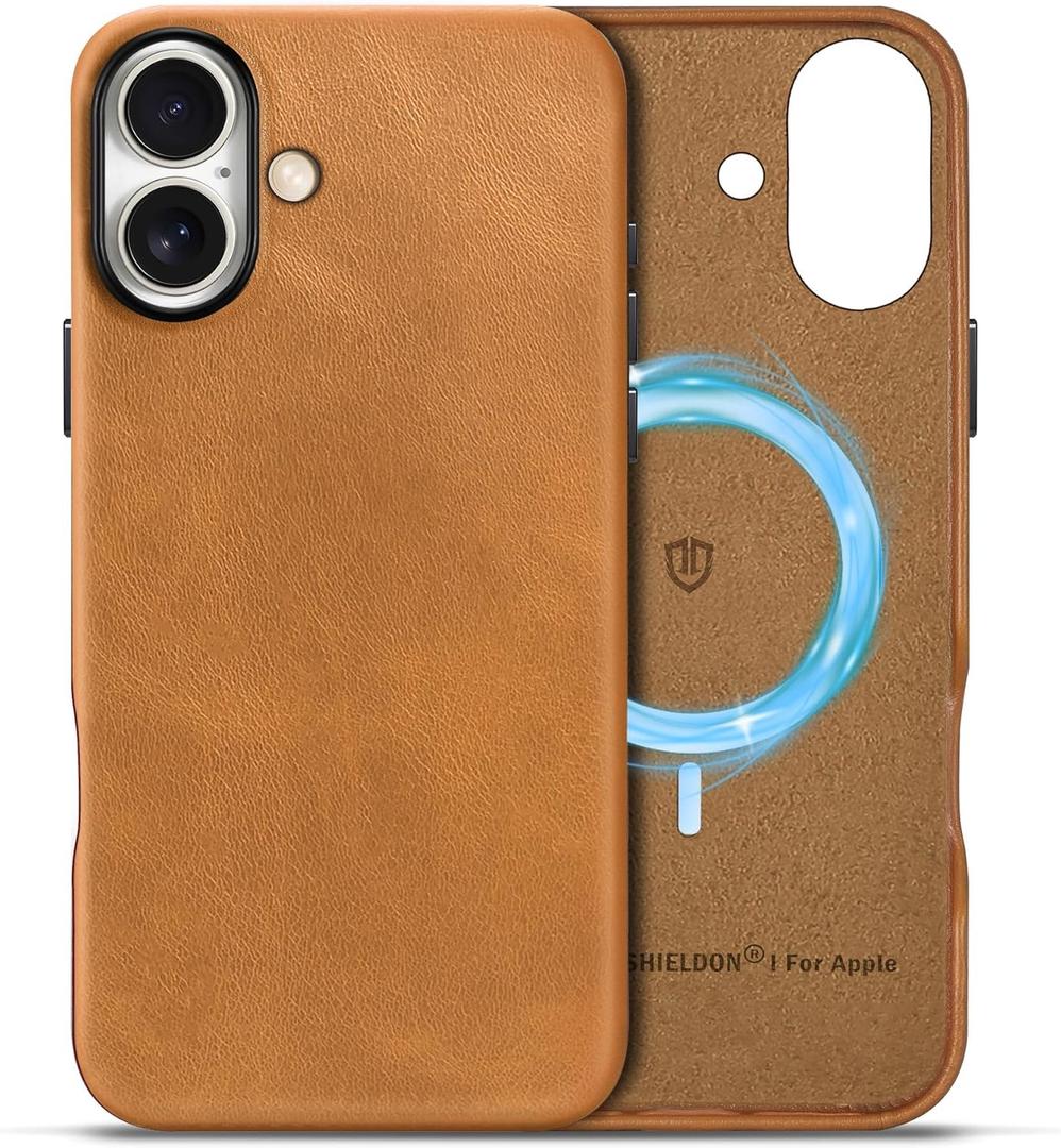 SHIELDON Case for iPhone 16 Plus 2024, Genuine Leather Magnetic Wireless Charging Slim Non-Slip Grip Shockproof Protective Cover with Metal Button Compatible with iPhone 16 Plus - Retro Light Brown