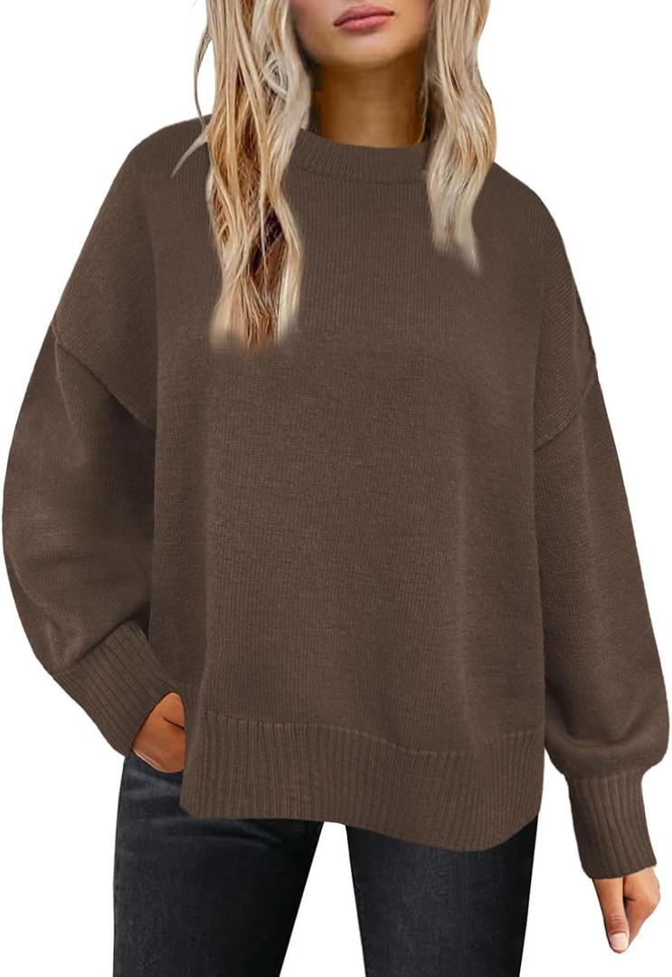 Womens Sweaters Crewneck Long Sleeve Pullover Tops Loose Fit Soft Knit Ribbed Hem Side Slit Casual Fall Winter Outfits (M)