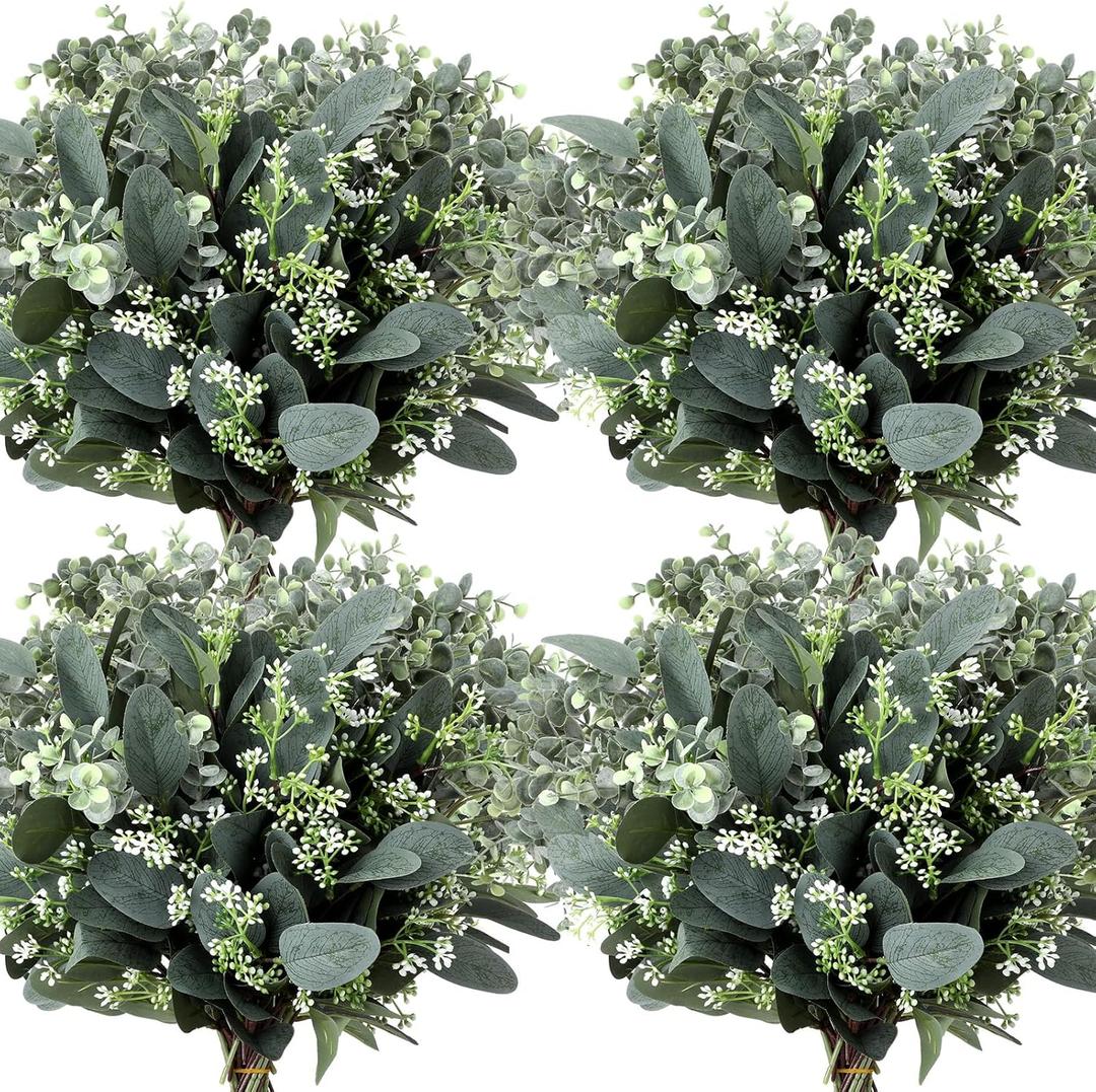 Janinka Mixed Eucalyptus Leaves Stems Bulk with White Seeds Artificial Silver Dollar Leaves Sprays Faux Oval for Wreath Garland Floral Bouquets Arrangement Wedding Greenery Decoration (20 Pcs)