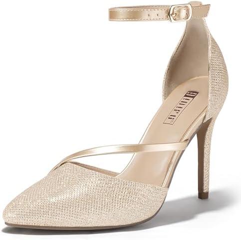 IDIFU Gold Heels Closed Toe Women's Pumps Stiletto High Heels Dress Shoes for Women Wedding Prom Dressy Party Shoes Fashion Sparkly Strappy Pointed Toe Ankle Strap Heels Pumps(Gold Glitter, 11)