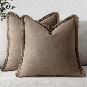 MIULEE Decorative Throw Pillow Covers Neutral Linen Fringe Throw Pillows Set of 2 Cocoa Brown Boho Farmhouse Cushion Covers for Couch Sofa Bed Living Room Spring Home Decor 18x18 Inch