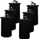 6 Packs Round Cocktail Table Skirt 32"x 43" Spandex Stretch Cocktail Tablecloth with Wavy Drapes, Black Spandex Fitted High Top Table Covers for Wedding Bar Party Birthday Banquet Table