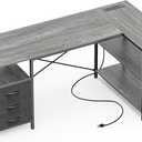 Huuger L Shaped Office Desk with Power Outlets, 55 Inch Computer Desk with 3 Drawers, Shelves, Reverisble for Gaming Corner Work Home Office Study, Grey