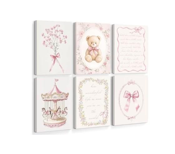6pcs Pink Vintage Baby Girl Nursery Wall Art Prints Cute Carousel Teddy Bear Canvas Wall Decor Paintings Pink Bows Floral Posters Pictures for Little Girl Bedroom Kids Room Decor 8x10inch Unframed