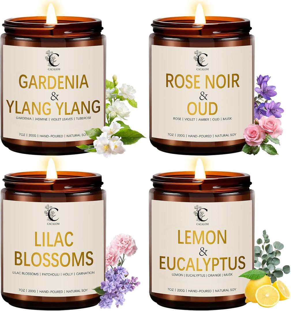 28oz Scented Candles Set, 4Pack Floral Chirstmas Halloween Candles 7oz Candle, Birthday Gifts for Women Long Lasting Soy Wax Candle Non Toxic for Home Decor Aromatherapy, Rose/Lemon/Gardenia/Lilac