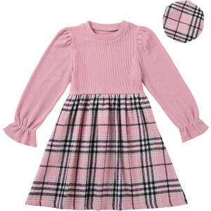 Girls Fall Winter Dress Plaid Ribbed Ruffle Long Sleeve Dress with Beret Hat 2Pcs Girls Casual Party Dresses for 6-12 Years (Pink)