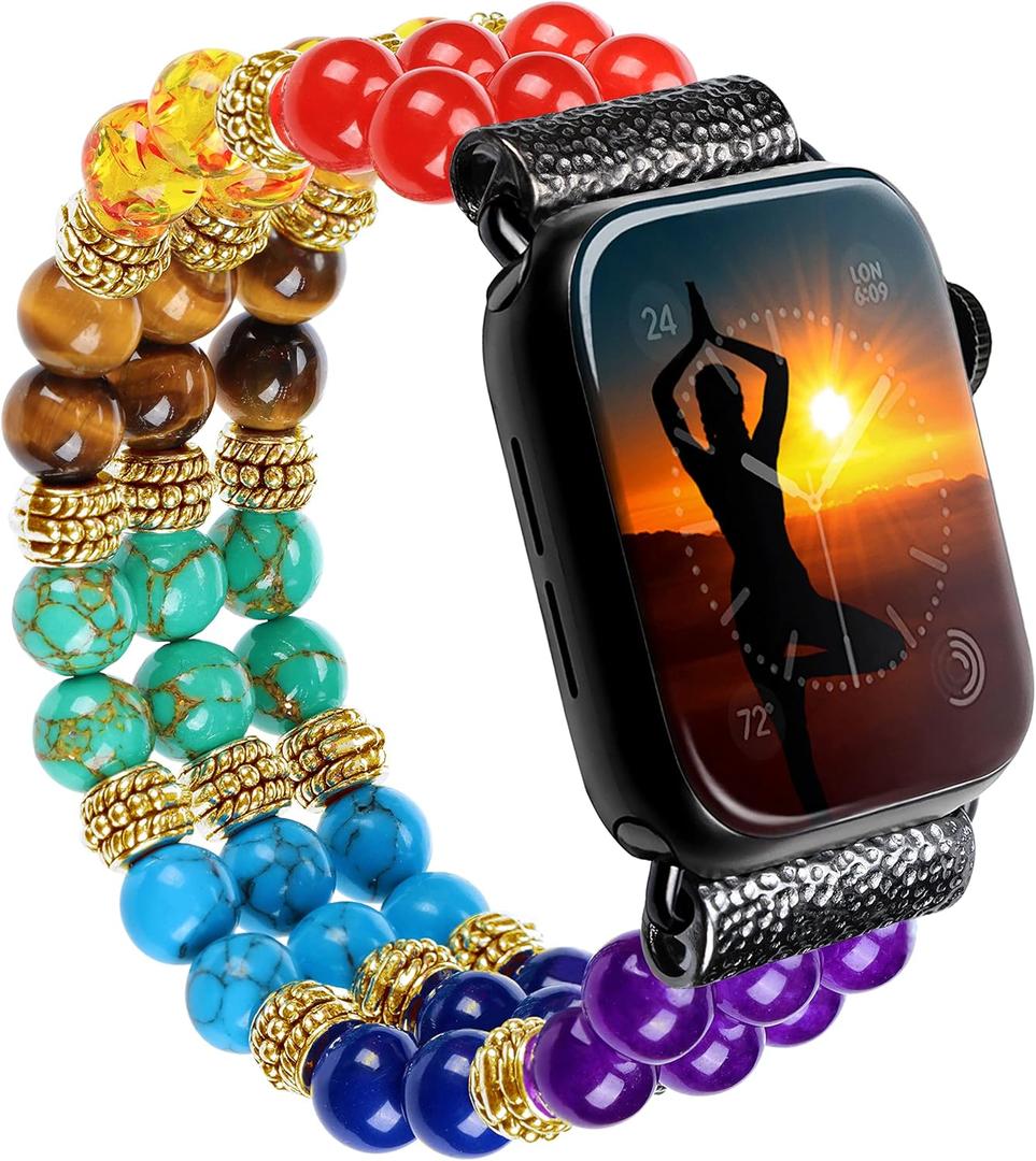 7 Chakra Natural Gemstone Yoga Beads Reiki Healing Bracelet Beaded Band Compatible with Apple Watch 10 9 8 7 SE 6 5 4 3 Elastic Strap for iwatch 38mm 40mm 42mm 44mm for Women