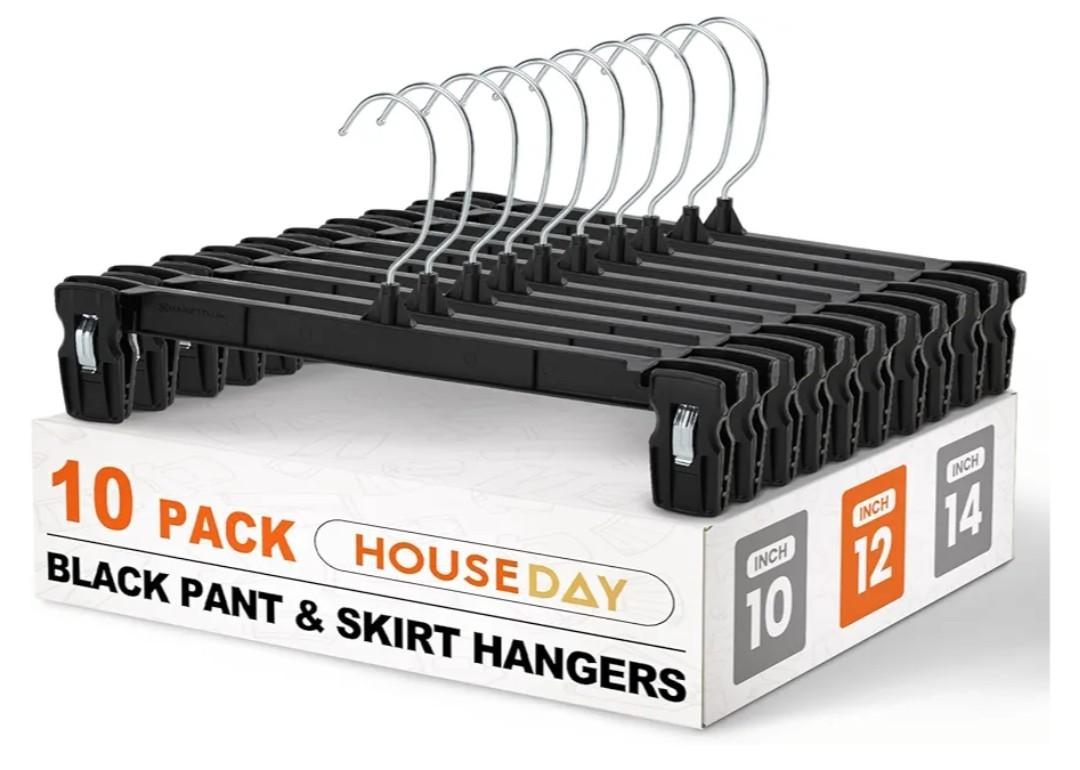 HOUSE DAY Pants & Skirt Hangers - 10 Pack Pants Hangers with Non-Slip Big Clips - Closet Hanger for Shorts, Shirts, Jeans, Slacks, Clothes, Clothing - Durable, Slim & Space Saving, Black - 12 Inch