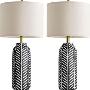 BOBOMOMO 26" Farmhouse Black Table Lamps Set of 2 Rustic Resin Lamps with Vintage Leaf Pattern and Linen Shades, Black Bedside Lamps for Bedroom, Living Room, Office, Entryway, Console Table