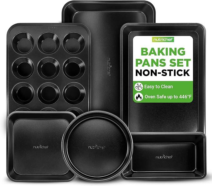 NutriChef 6-Piece Nonstick Baking Pans - Carbon Steel Non toxic Bakeware set with Cookie Sheets, Muffin, Loaf, Round & Square Pan - Restaurant Quality Baking Tray, Easy Clean, Dishwasher & Oven Safe