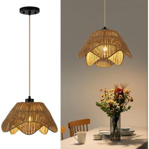 Rattan Pendant Light Fixtures, 1 Light Boho Hanging Light, Farmhouse Hand Woven Wicker Chandelier, Adjustable Flush Mount Ceiling Hanging Lamp for Bedroom Dining Room Kitchen Island Hallway (Brown)