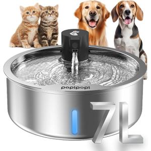 Dog Water Fountain, 7L/1.8G/236oz Stainless Steel Dog Water Fountain for Large Dogs, Dog Water Bowl Dispenser, Super Quiet Pump and Replacement Filters for Cats and Dogs (Silver)