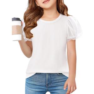 Arshiner Girls Shirts Size 10-12 Puff Short Sleeve Shirt for Girls Crew Neck Casual Blouse Summer Kids Tops Size 10-12 White