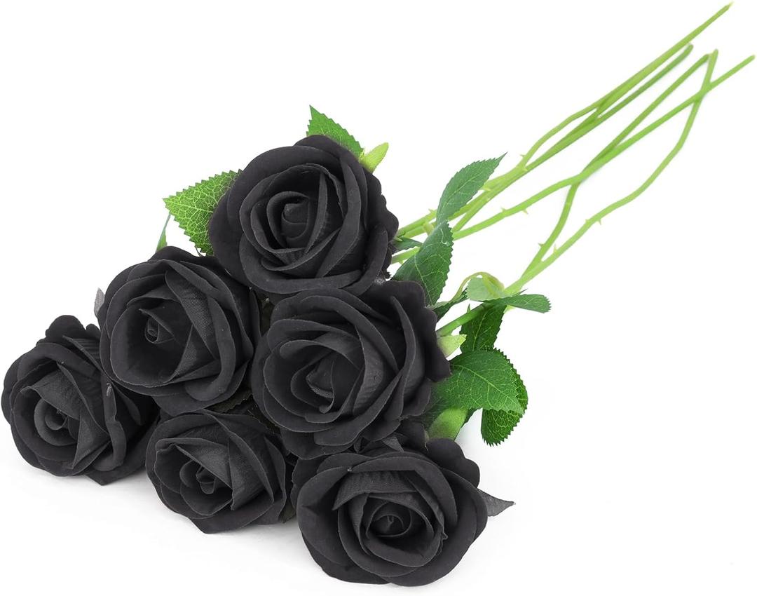 6pcs Fake Roses Artificial Flower, Bridal Rose Bouquet Faux Roses with Stems for Wedding Flower Decoracion, Black Artificial Roses, Valentine's Day, Wedding & Home Decor