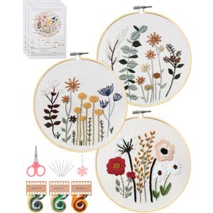 Santune 3 Sets Embroidery Kit,Cross Stitch Kits for Beginners,Needlepoint Kits for Adults with Easy Floral Pattern Hand Crafts,Hoop,Needle,Mothers Day Gifts