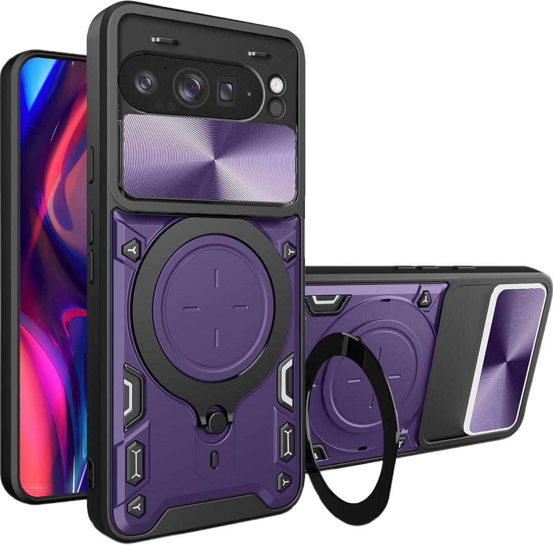 Case for Google Pixel 10 Pro XL with Slide Camera Lens Cover for Men, Military Shockproof Protective Cover with Magnetic Ring Kickstand for Google Pixel 9 Pro XL JS Purple