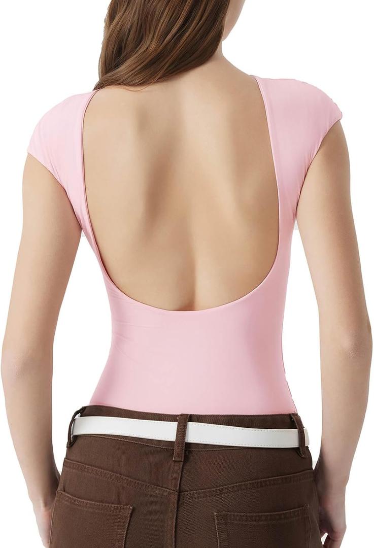 SUUKSESS Women Backless Y2k Short Sleeve Bodysuit Double Lined Open Back Sexy Basic Top, M