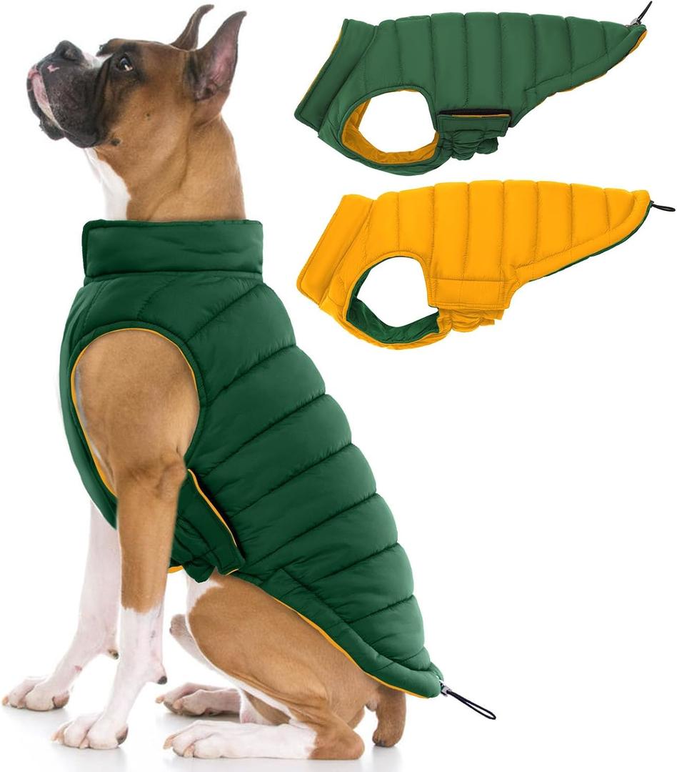 Lelepet Reversible Dog Coat Waterproof Dog Jacket Windproof Puffer Vest for Winter Warm Lightweight Coats for Large Dogs Adjustbale Hook & Loop Pet Apparel with Leash Hole, Boxer, Weimaraner, 2XL (Green)