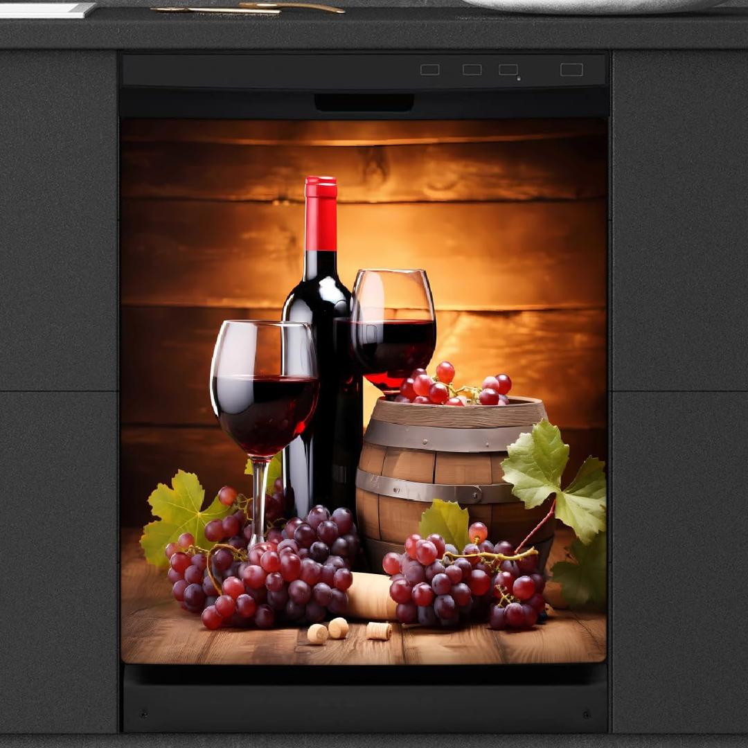 Dishwasher Magnet Cover Red Wine Glass Grapes Wooden Reusable Dishwasher Magnetic Cover Sticker Decorative Dish Washer Door Cover Panel for Home Kitcen Appliance, 21x26 in