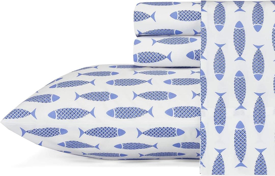 Nautica - Twin Sheets, Cotton Percale Bedding Set, Fully Elasticized, Ideal Dorm Essentials (Woodblock Fish Blue, Twin)