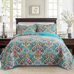 BEDISELY Quilts Queen Size, Soft Cotton Queen Quilt Bedding Set, Damask Bedspread Queen Size-Lightweight Reversible Bedspread Coverlet Suitable for All Season (90 X 98 Inch, Teal) (Boho)