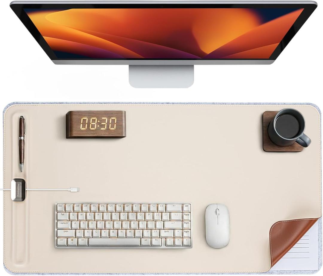 Desk Mat  Double-Sided Vegan Leather & Felt | Built-In Magnetic Cable Organizer & File Storage | Premium Workspace Pad for Office, Gaming & Creative Professionals-Beige