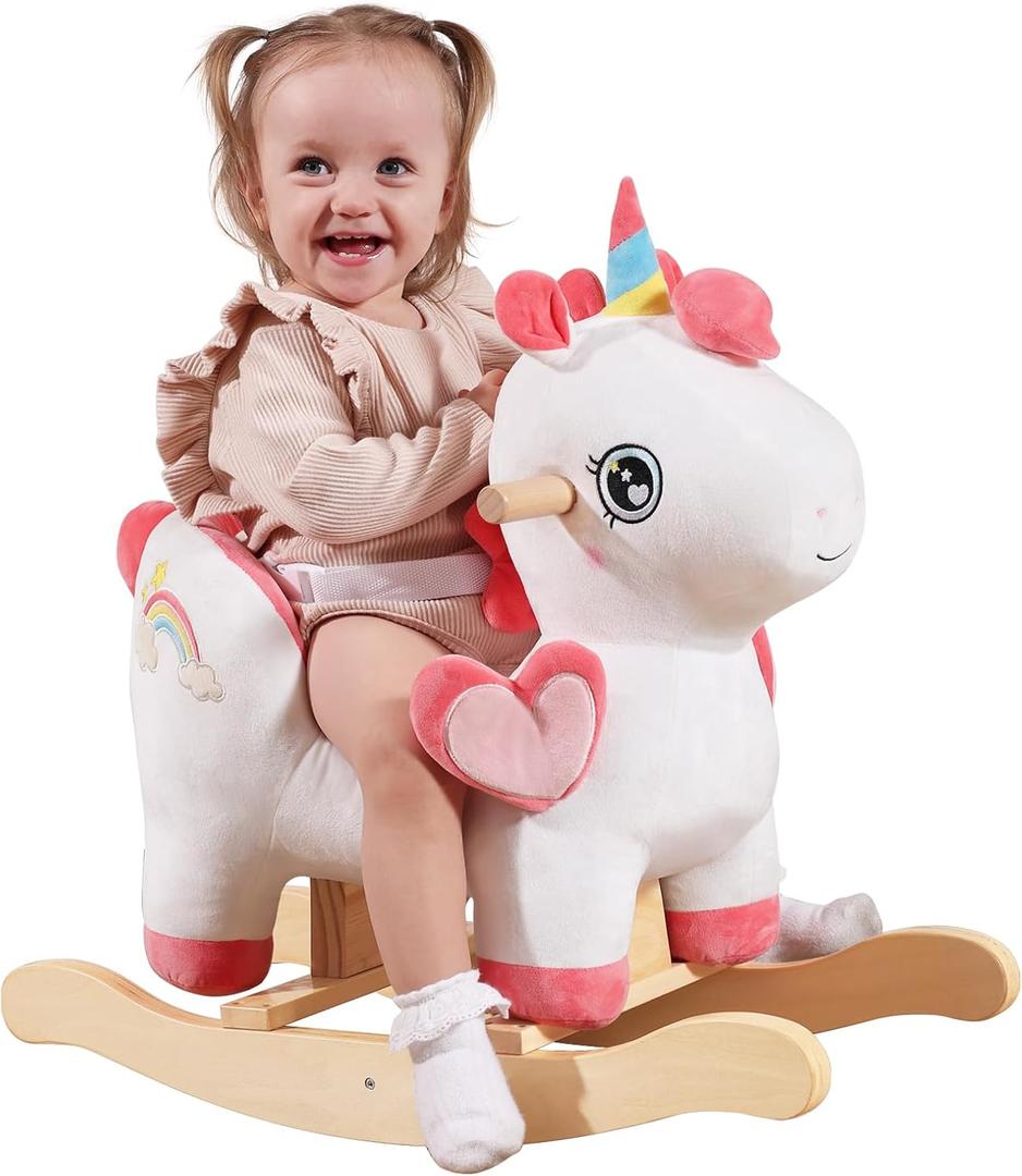 labebe Baby Rocking Horse with Seat Belt,Ride Unicorn Bouncer for Kid 6 Month -3 Years,Stuffed Animal Rocker,Riding Toy for Baby Girls, Nursery Birthday Gift