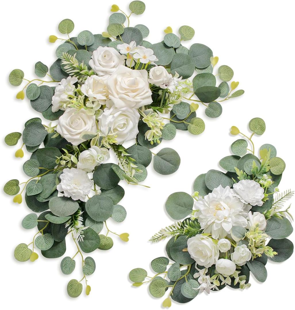 Artificial Wedding Arch Flowers for Wedding Sign,Set of 2 for Wedding Welcome Ceremony Sign,Faux Floral Swags,Wedding, Banquet and Reception Backdrop Floral Decoration (White)