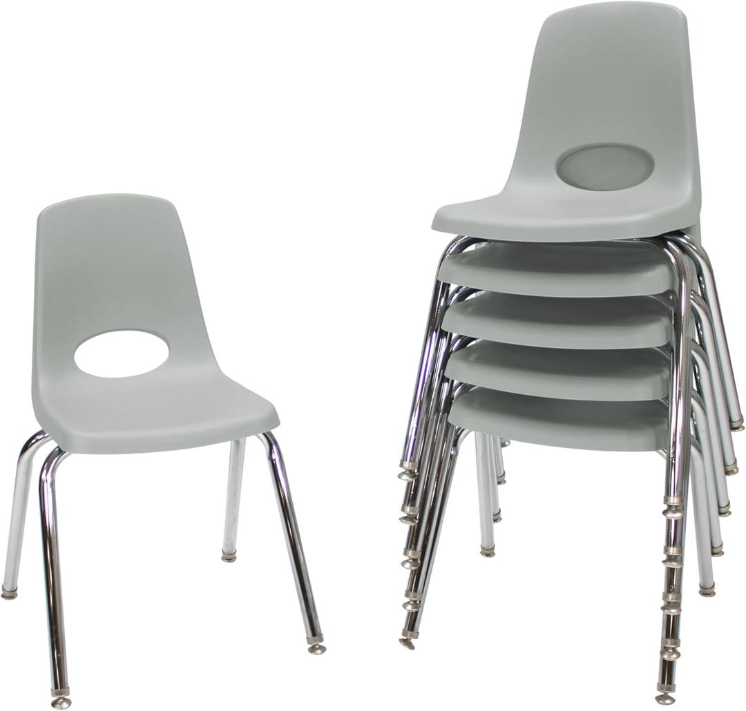 FDP 16" School Stack Chair, Stacking Student Seat with Chromed Steel Legs and Nylon Swivel Glides For In-Home Learning or Classroom - Light Gray (6-Pack), 10368-LG