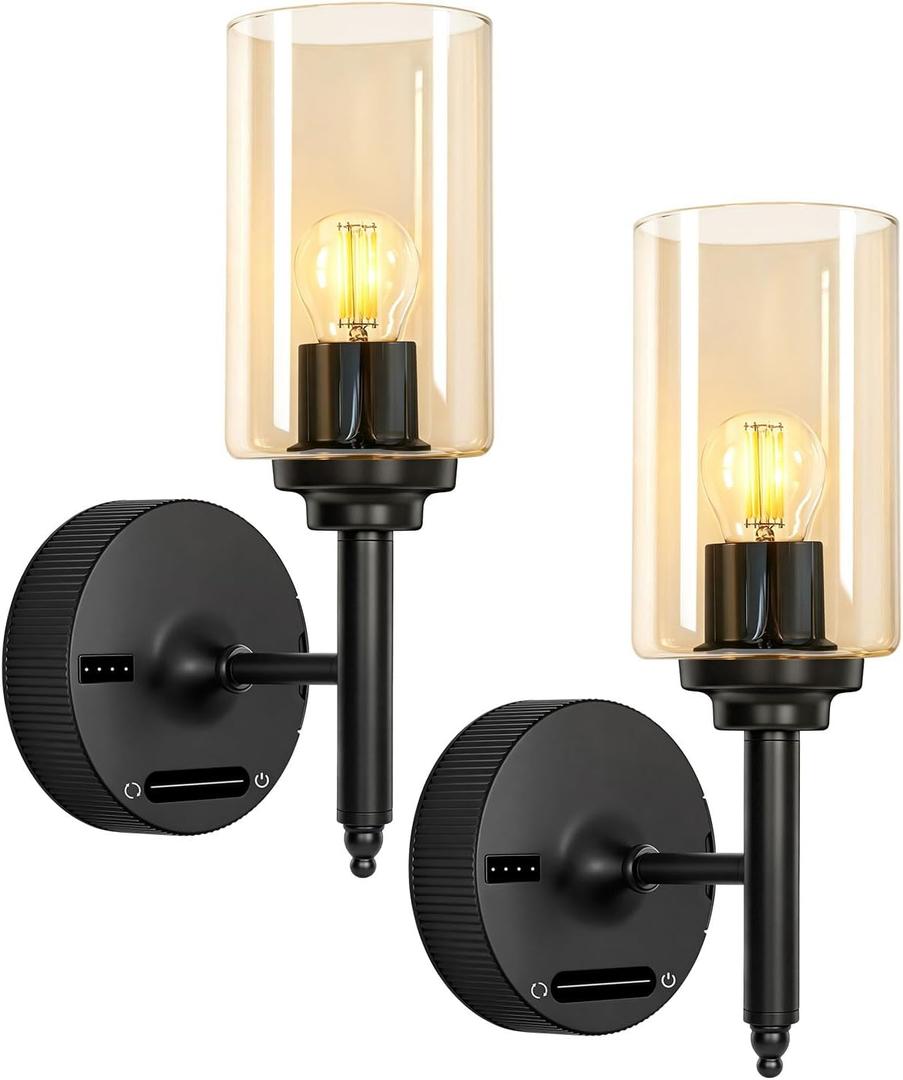 OUTON Battery Operated Wall Sconces Set of 2, Black Wireless Rechargeable Wall Lights with 8000mAh Detachable Battery, Remote Control, Touch Sensor, Dimmable LED Wall Sconce for Hallway Bedroom